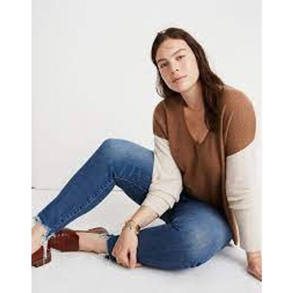 Madewell 2X Cream Tan Kimball Pullover Sweater in Colorblock V Neck Merino Wool - Picture 10 of 10